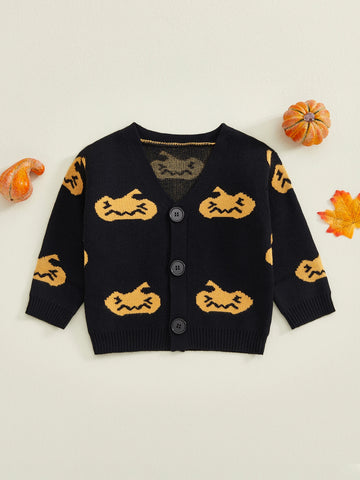MQTIME  -  Infant Halloween Costume Romper Pumpkin Pattern Button Down V Neck Long Sleeve Knitted Jumpsuit for Baby Boy Girl